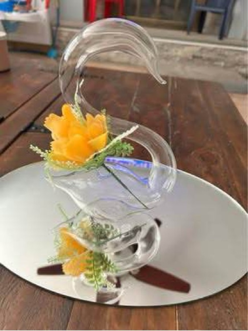 Clear Glass Swan Vase with Yellow Floral Accents
